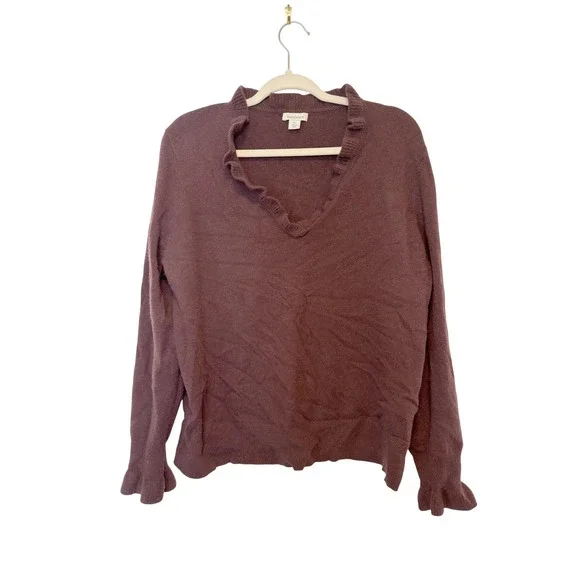 Sundance Burgundy Ruffle V Neck, Ruffle Cuff, Cashmere Sweater Women's XL - Picture 1 of 5